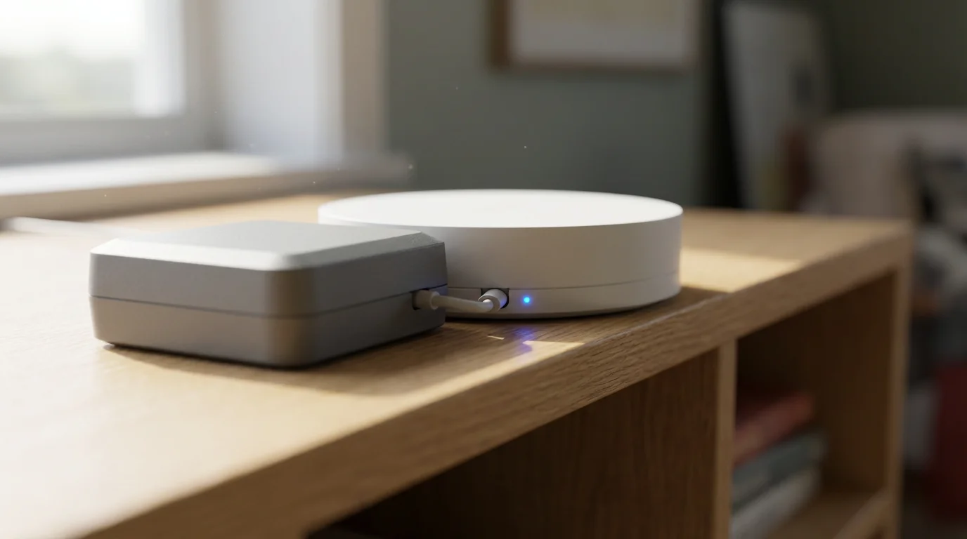 Close-up macro photo of a smart home hub connecting to a garage controller module.
