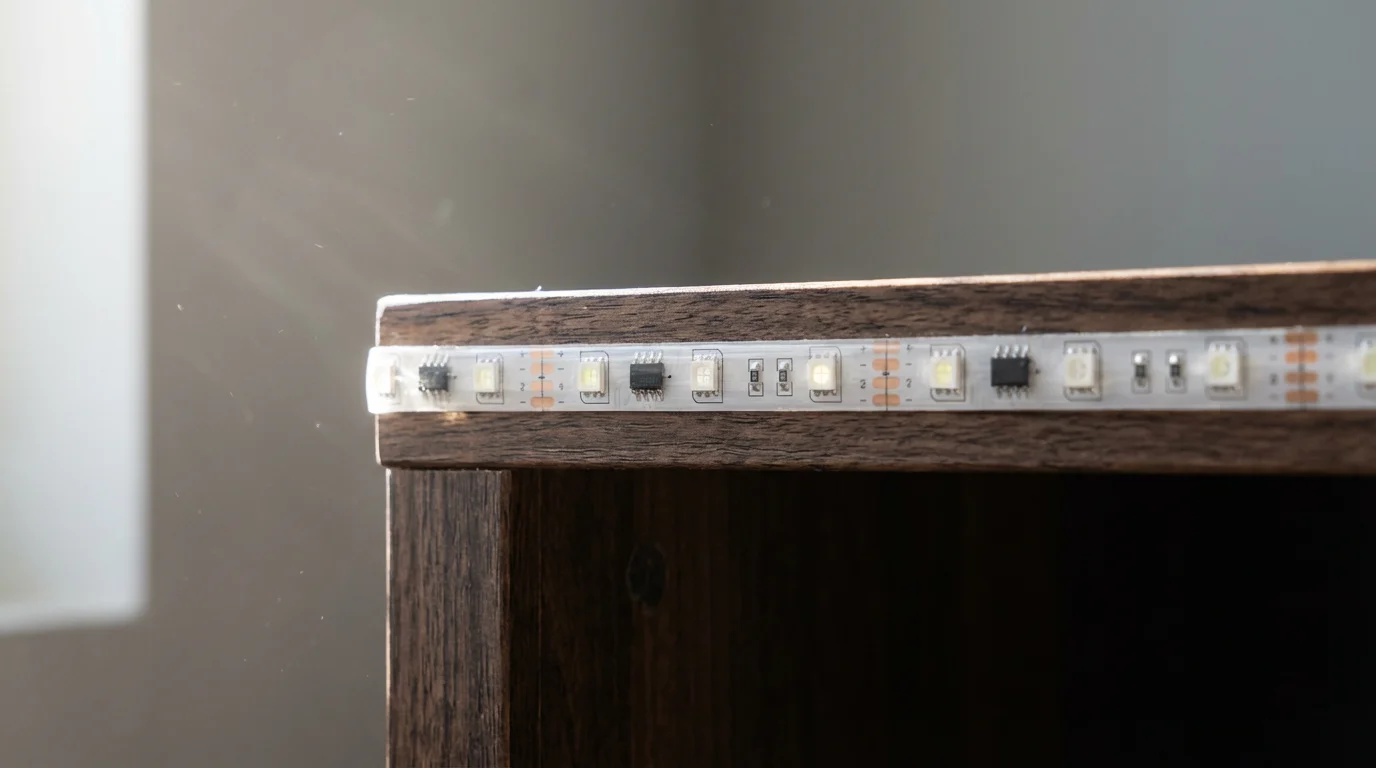 Close-up macro photo of a smart LED light strip for automated home theater lighting.