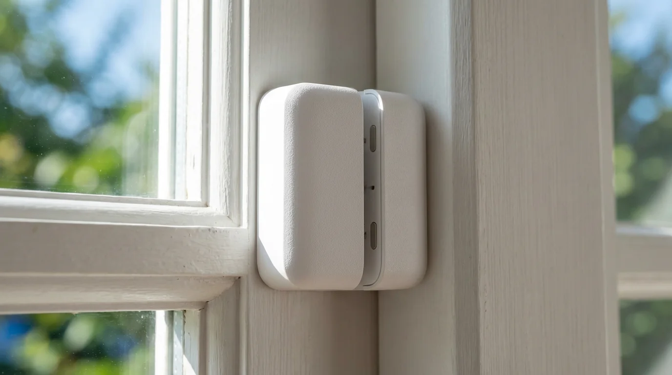 Close-up macro photo of a white smart window sensor on a sunlit frame.