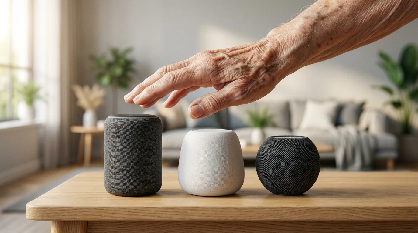 Close-up macro photo of an elderly person's hand choosing between three different smart speakers.
