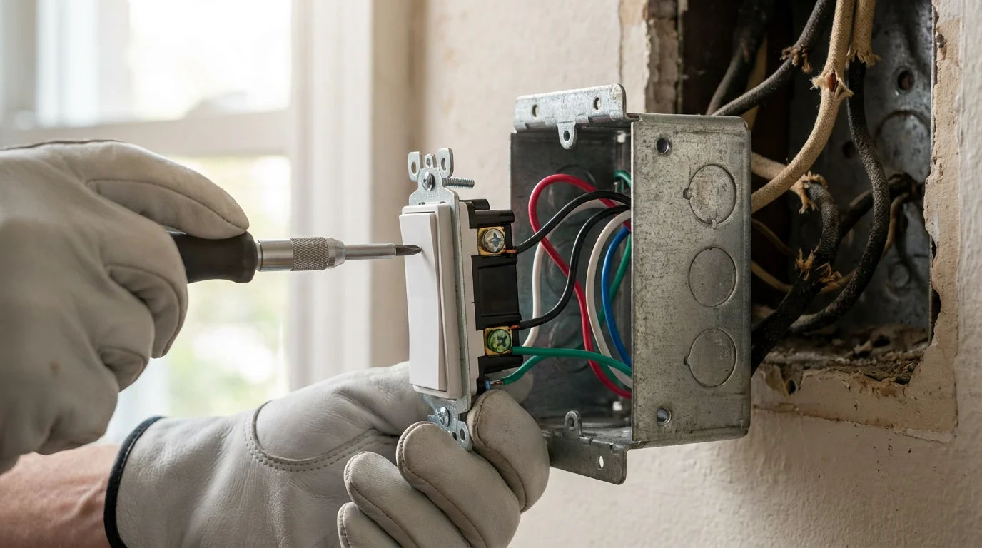 Close-up macro photo of an electrician's hands installing a smart switch in an older home.