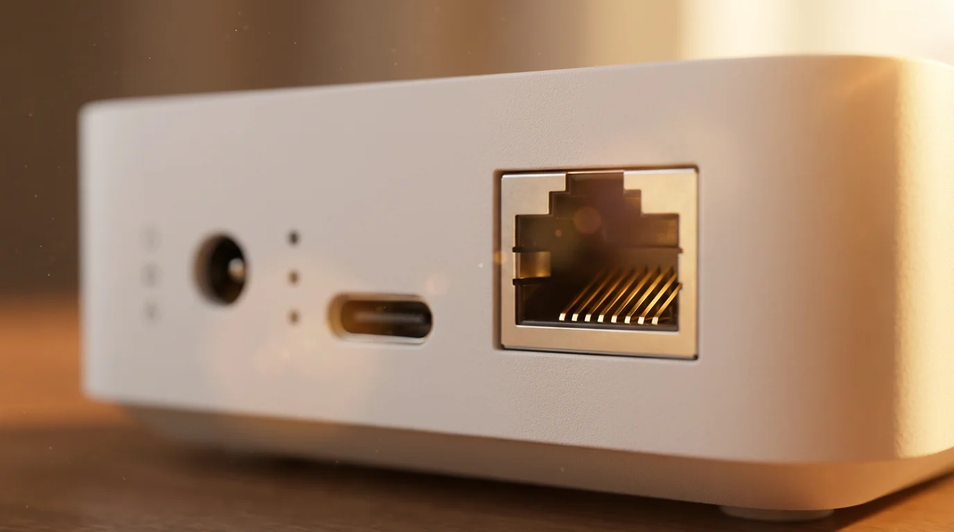 Close-up macro photo of an ethernet port on a white smart home device.