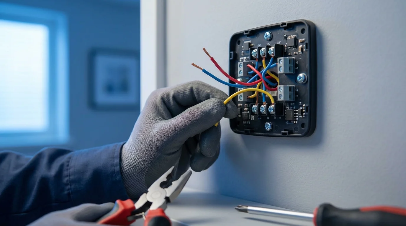 Close-up macro photo of colored wires being connected to a smart thermostat backplate.