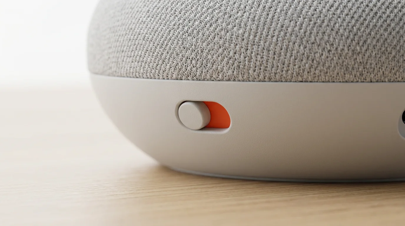 Close-up macro photo of the orange microphone mute switch on a smart speaker.