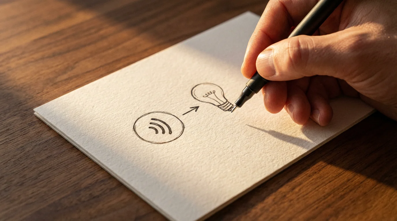 Close-up macro shot of a hand sketching an 'if this, then that' routine with icons.