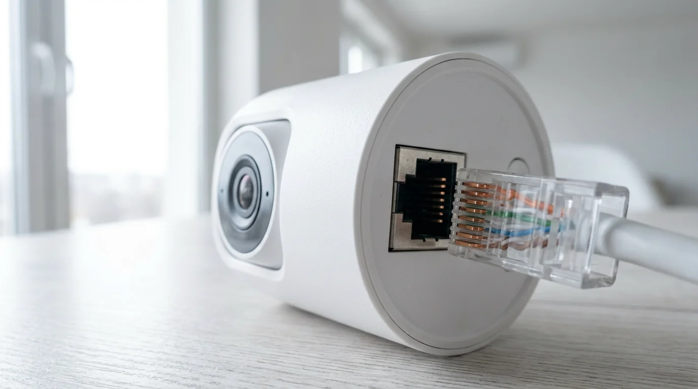Close-up macro shot of an ethernet cable being plugged into a home security camera.