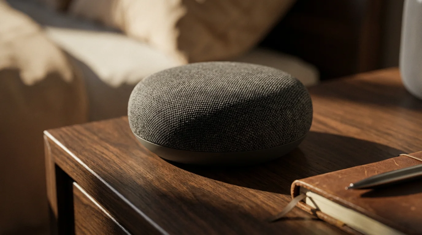 Close-up of a charcoal smart speaker on a wood nightstand in dramatic afternoon light.