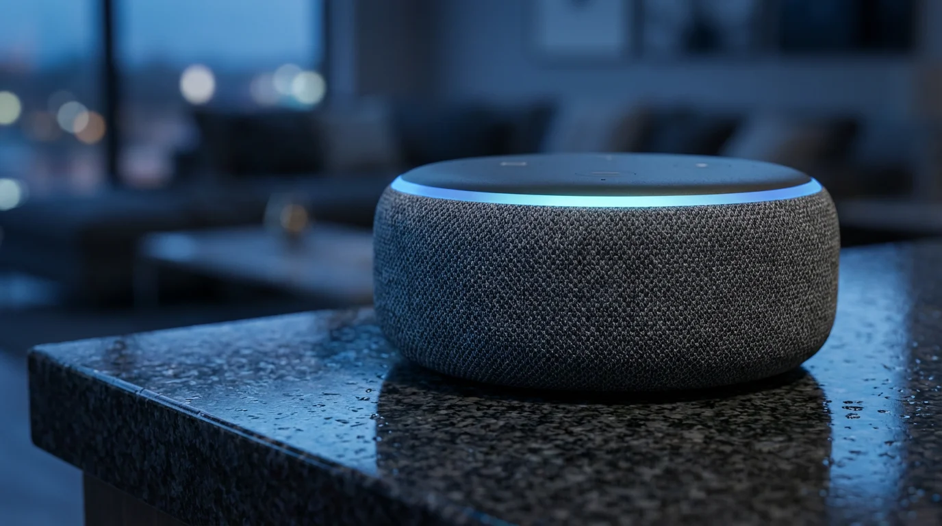 Close-up of a glowing blue light ring on a charcoal fabric smart speaker.