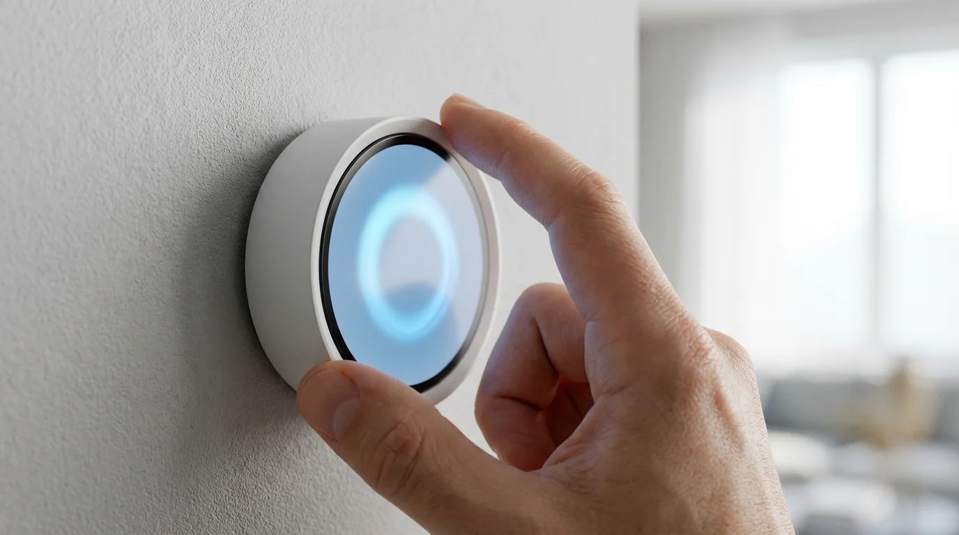 Close-up of a hand adjusting a modern, minimalist smart thermostat on a wall.