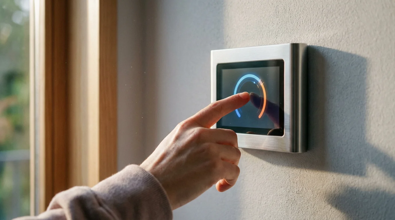 Close-up of a hand adjusting a modern smart thermostat on a wall with natural light.
