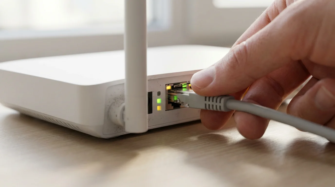 Close-up of a hand plugging an ethernet cable into the back of a router.