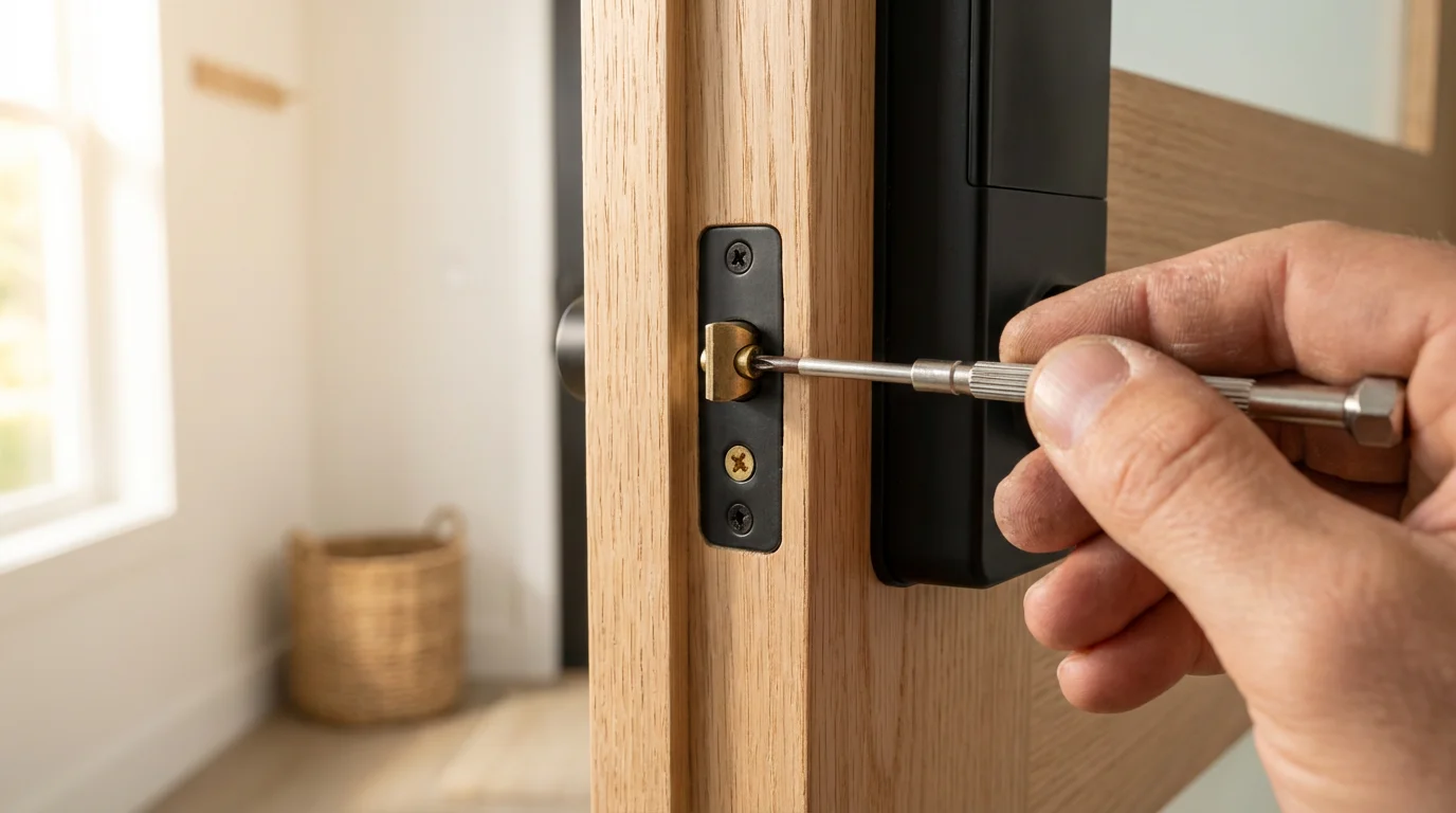 Close-up of a hand with a screwdriver installing a modern smart lock on a door.