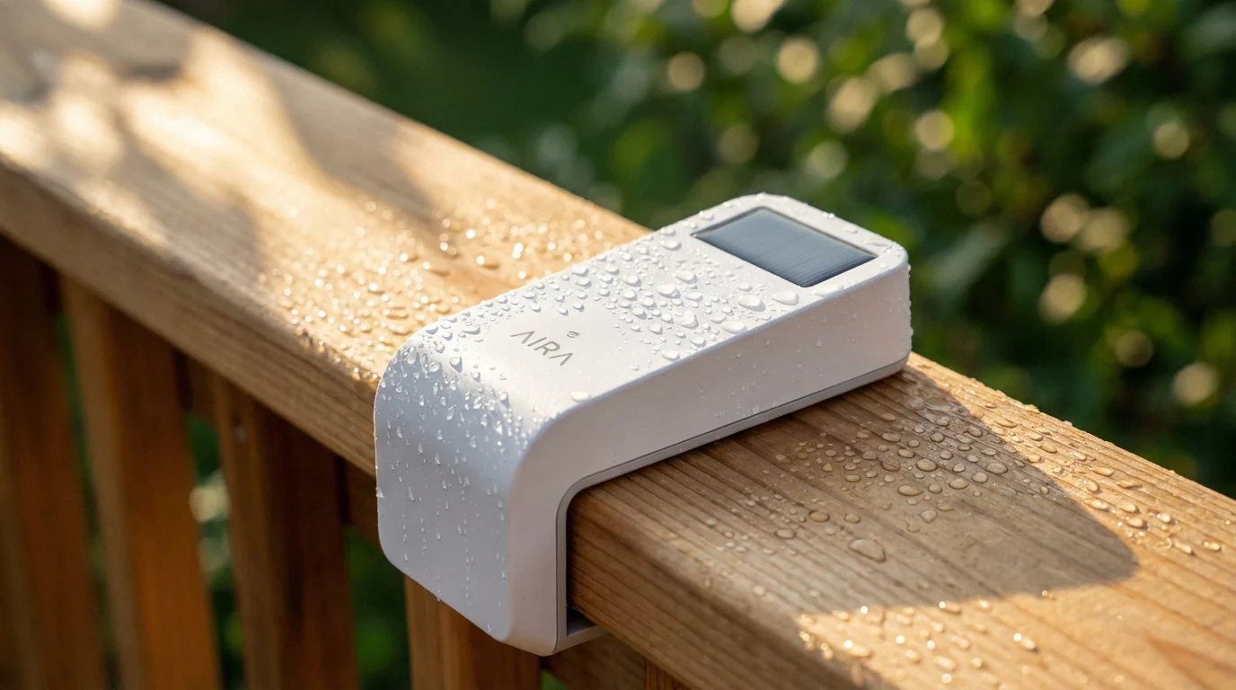 Close-up of a modern outdoor weather sensor with morning dew drops on a deck.