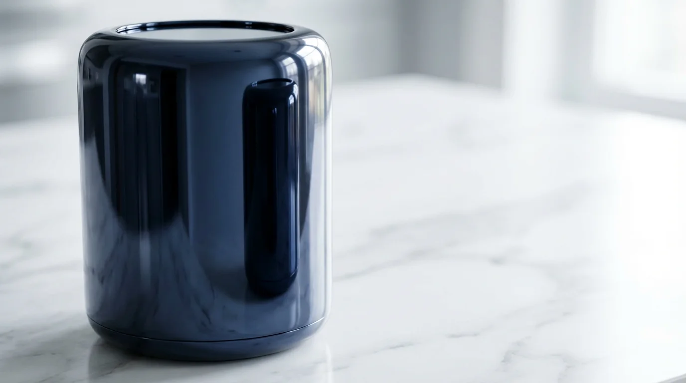 Close-up of a navy smart speaker reflecting a second identical speaker on a white marble surface.