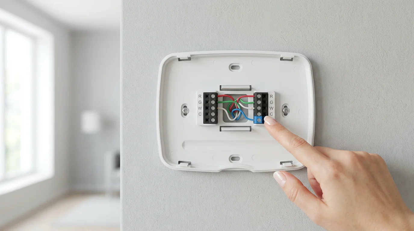 Close-up of a person pointing to the C-wire on a smart thermostat backplate.