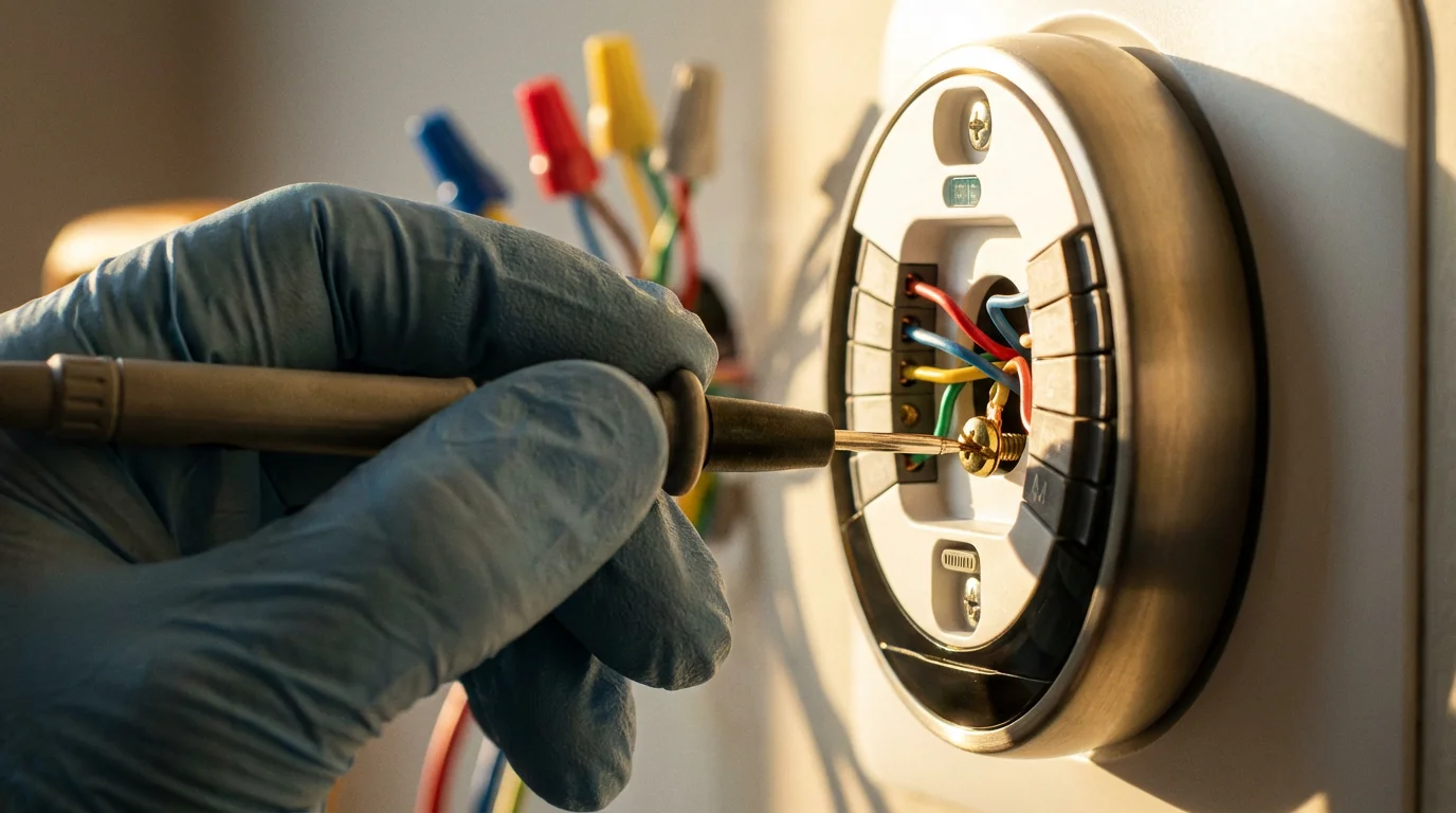 Close-up of a professional technician using a multimeter on a smart thermostat's wiring.