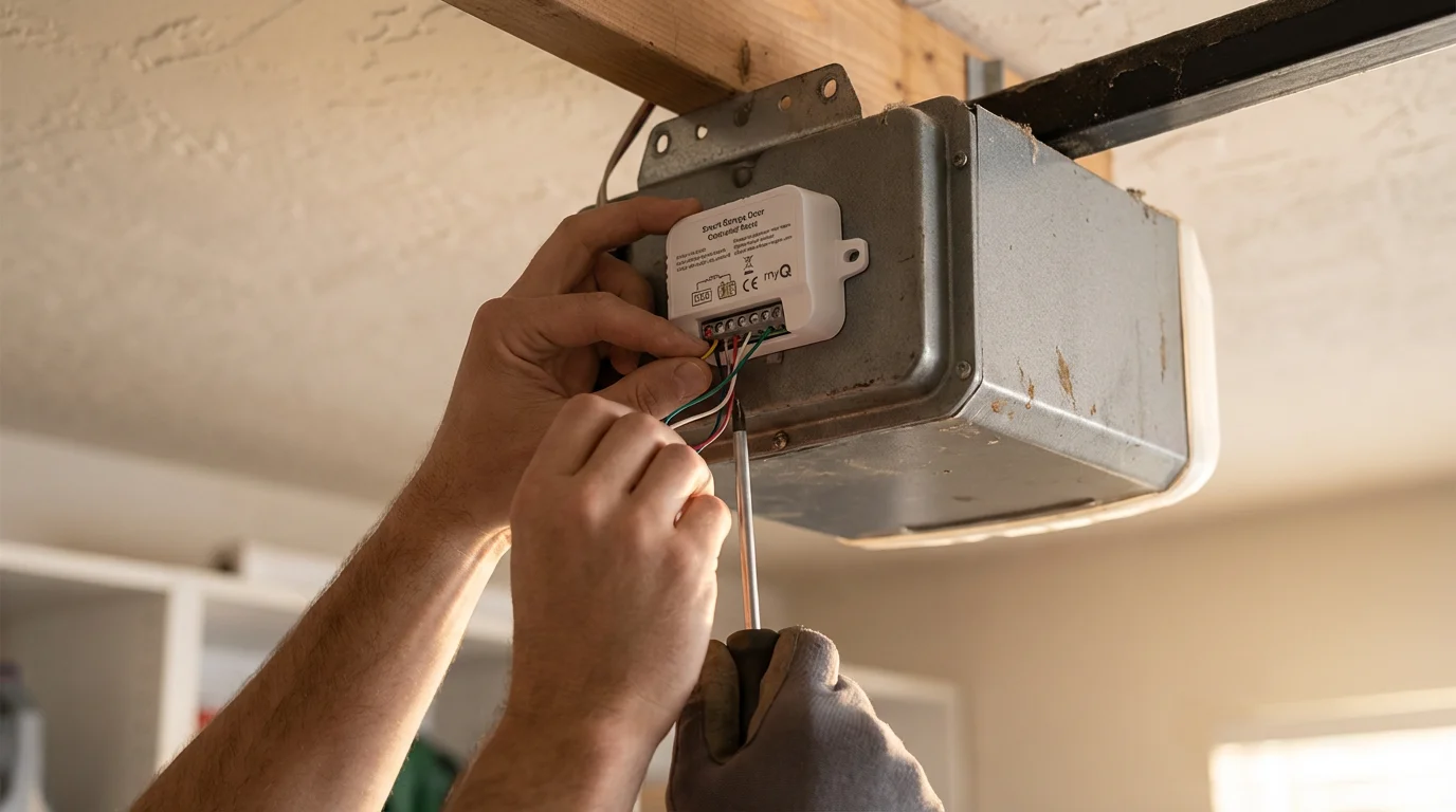 Close-up of a smart controller being wired into a garage door opener motor.