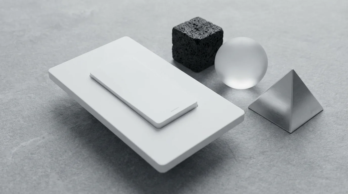 Close-up of a smart light switch beside abstract shapes representing different smart home ecosystems.