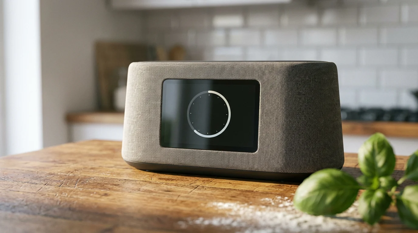 Close-up of a smart speaker with a display on a wooden kitchen counter.