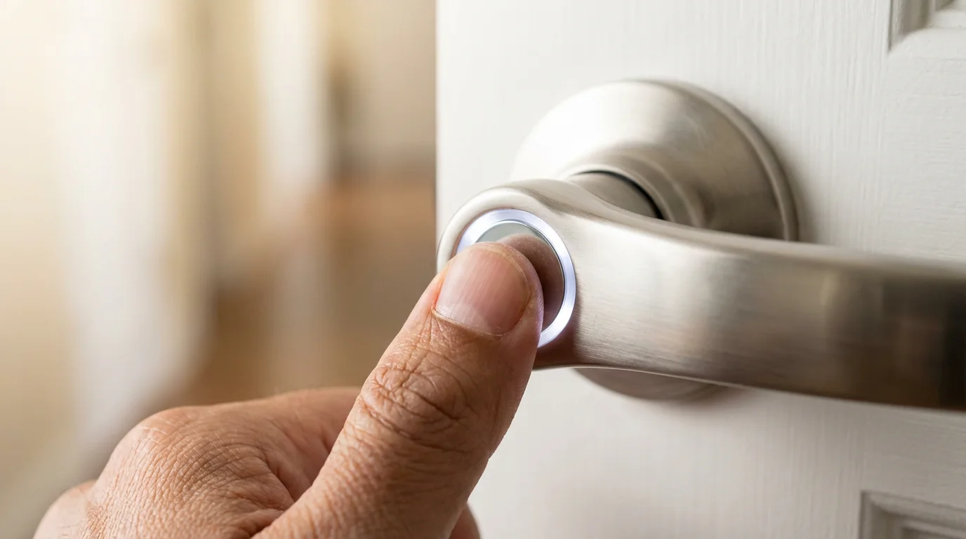Close-up of a thumb using a fingerprint scanner on a modern smart lock handle.