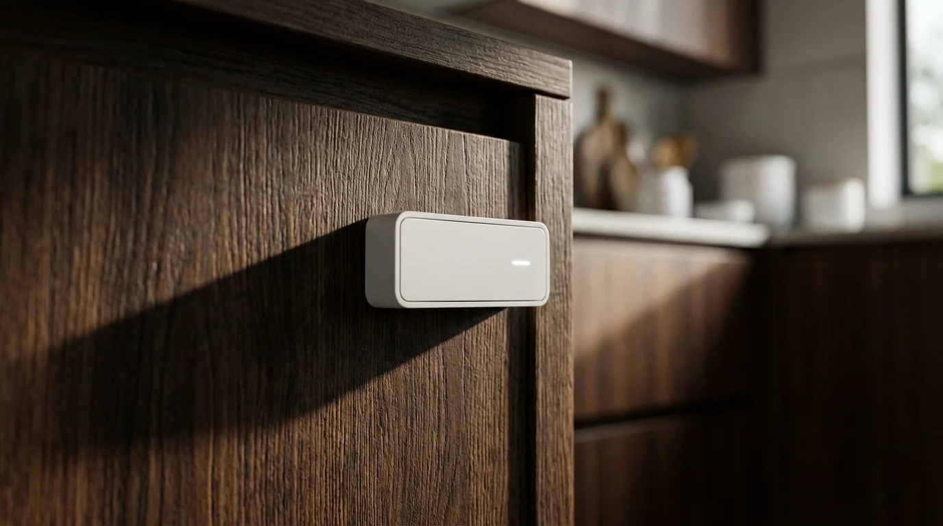 Close-up of a white smart cabinet lock on a dark wood kitchen cabinet door.