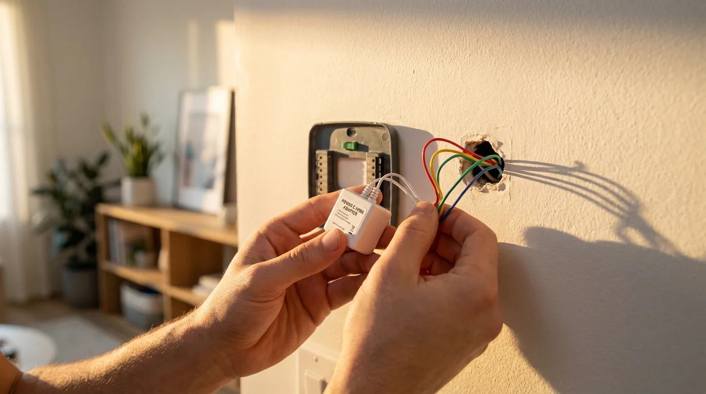 Close-up of hands connecting a C-wire adapter to smart thermostat wiring on a wall.