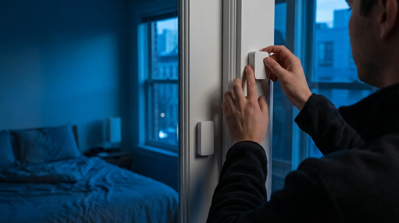 Close-up of hands installing a smart security sensor on a white window frame.