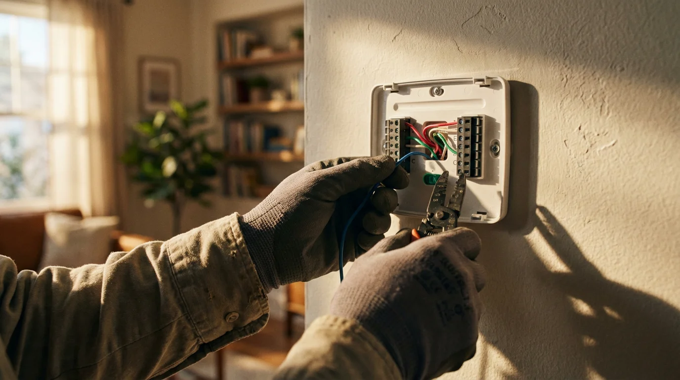 Close-up of hands installing a smart thermostat, connecting the C-wire to the backplate.