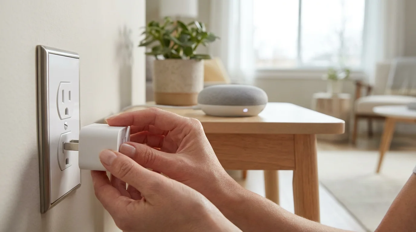 Close-up of hands plugging a white smart plug into a wall outlet beside a smart speaker.
