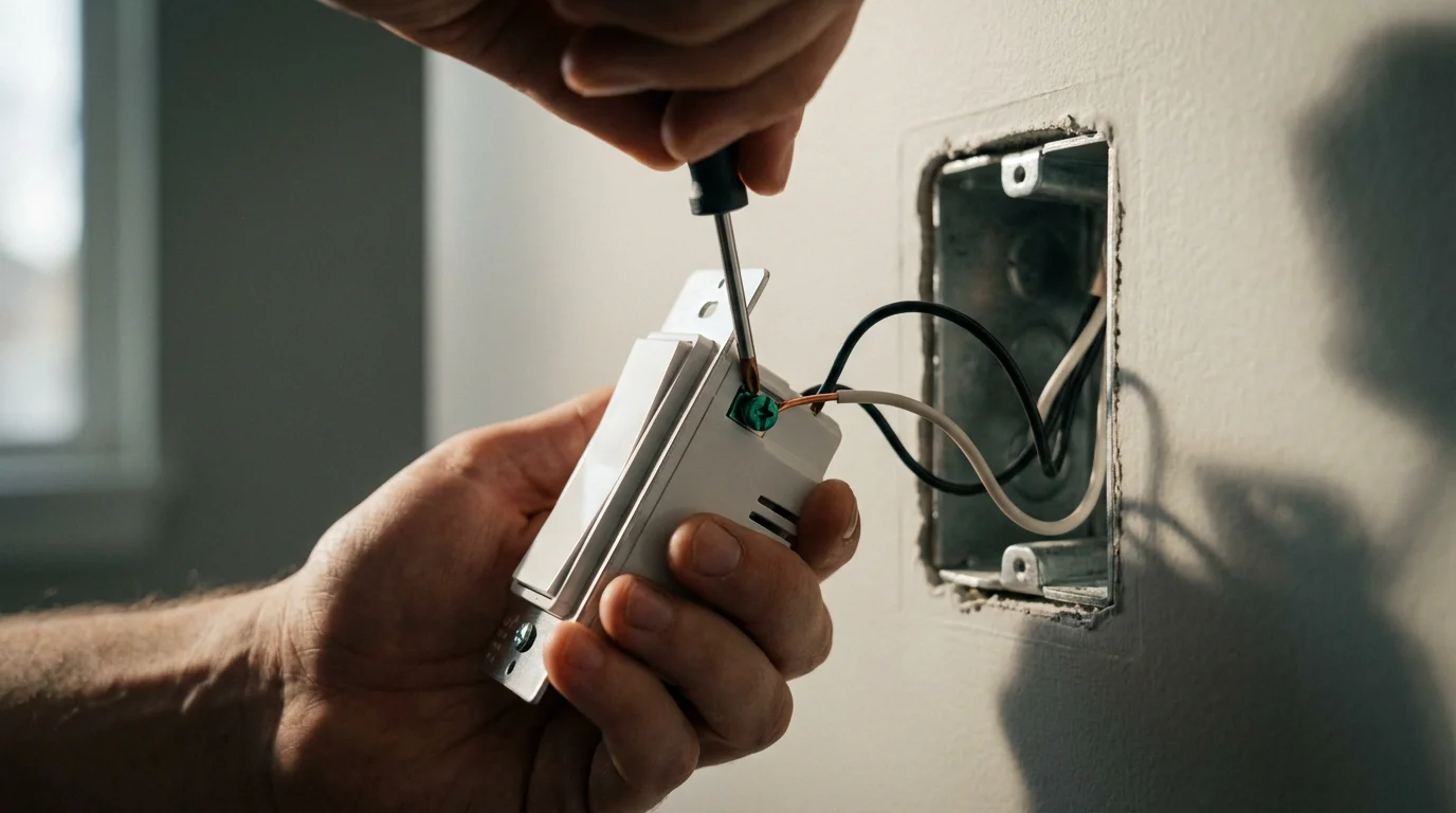 Close-up of hands using a screwdriver to wire a smart dimmer switch.