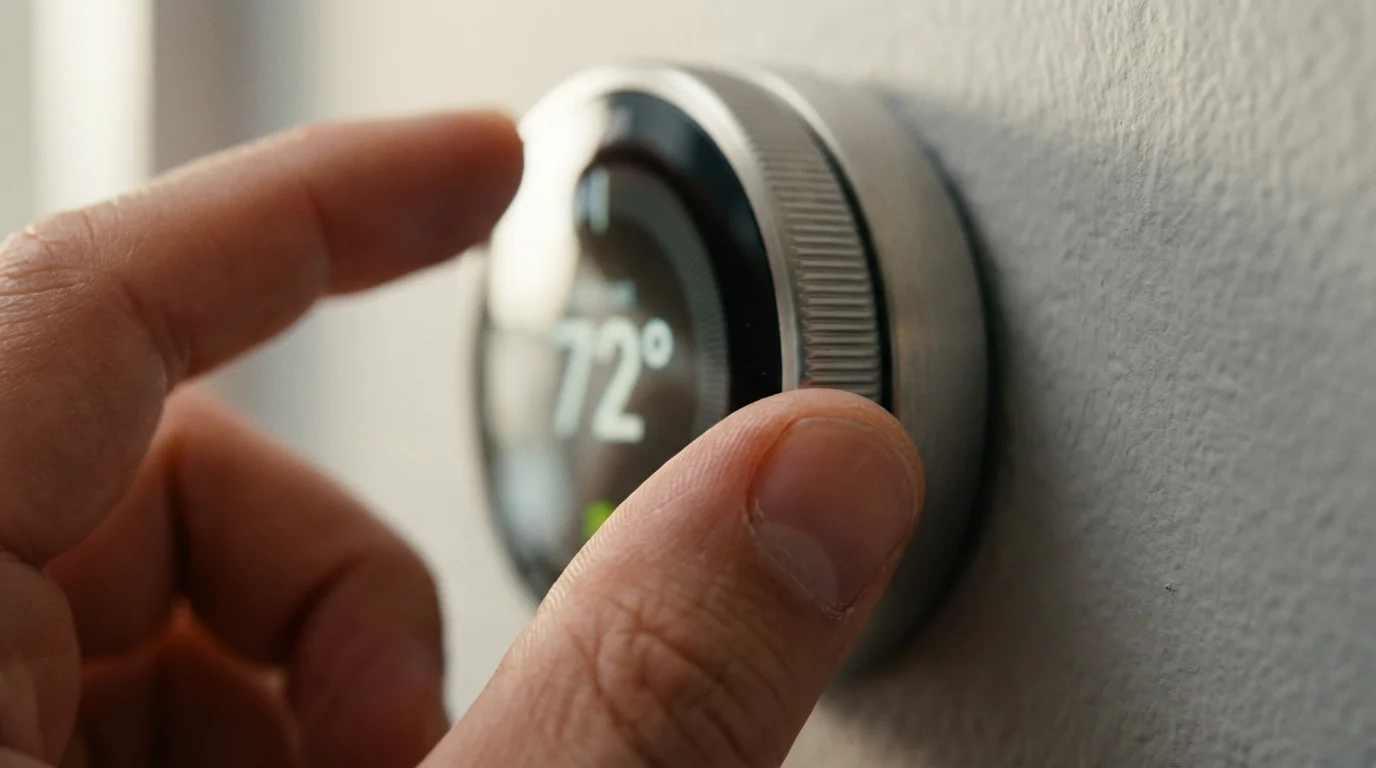 Close-up photo of a hand adjusting the dial on a sleek, modern smart thermostat.