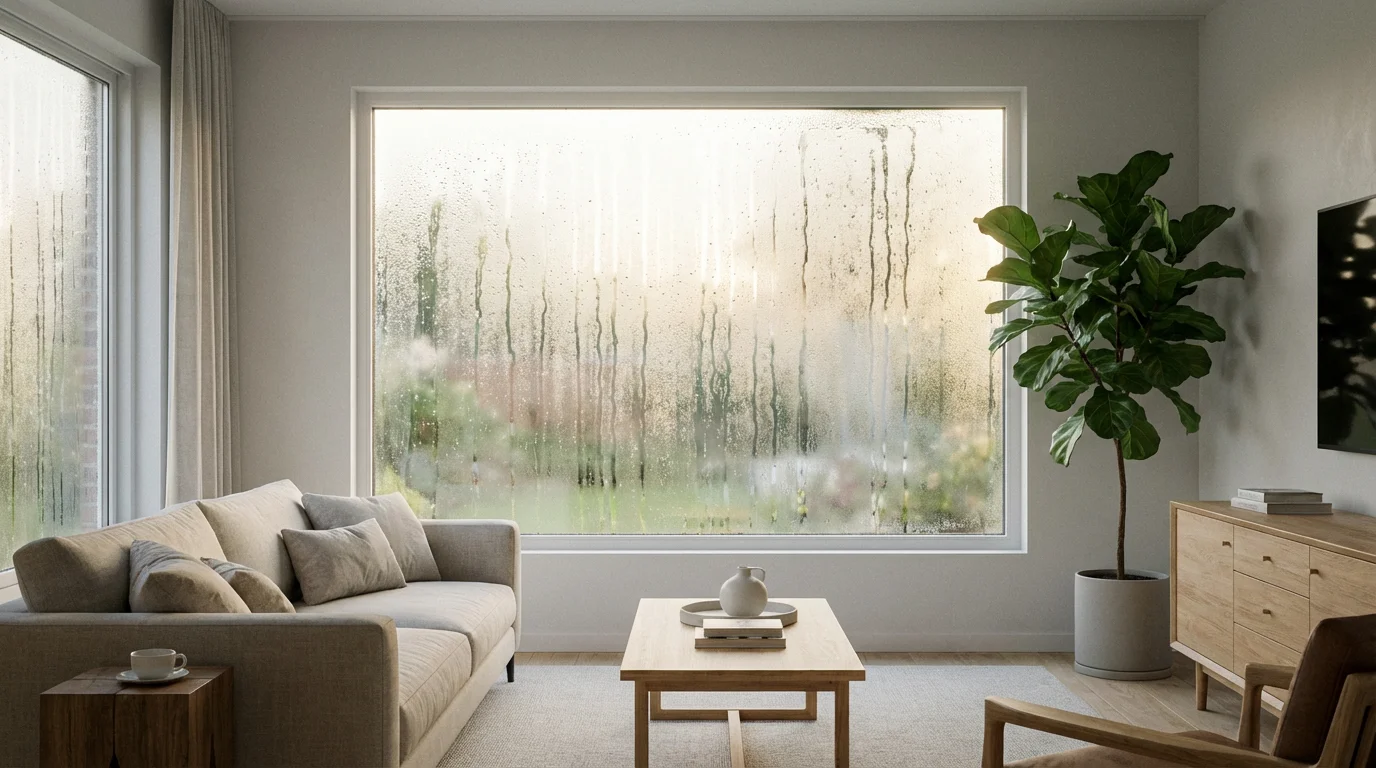 Condensation collecting on a large living room window, showing the effects of high indoor humidity.