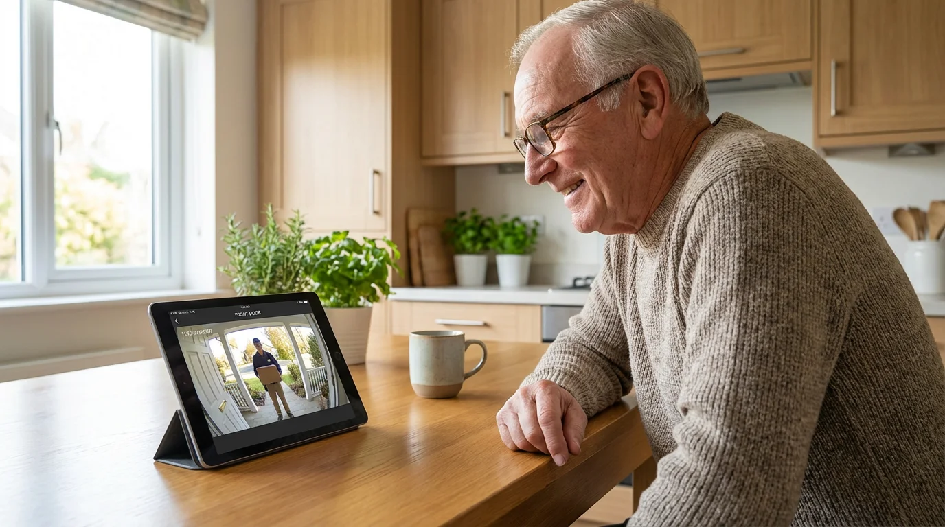 Elderly man at his kitchen table using a tablet to view a smart doorbell.