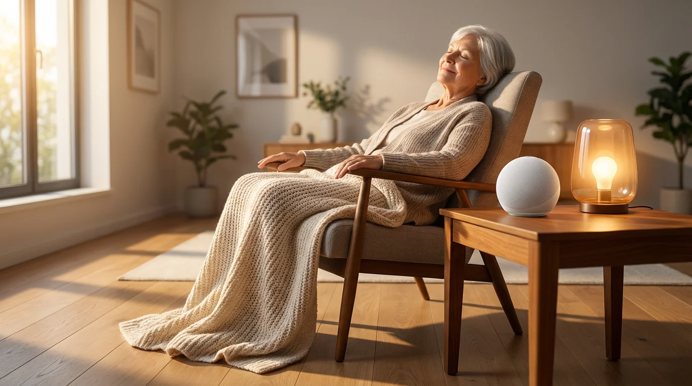 Elderly woman peacefully relaxing in an armchair listening to a smart speaker during the afternoon.