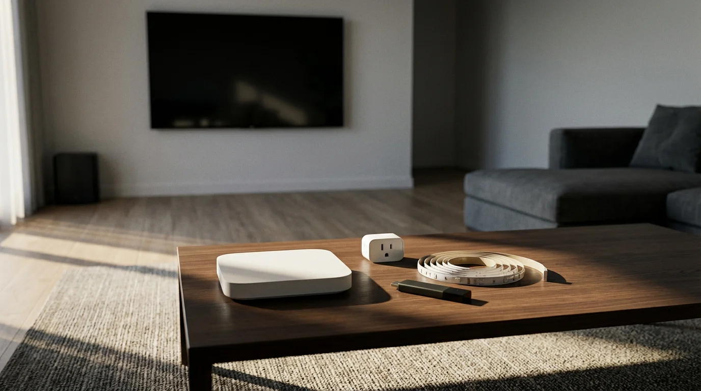 Essential smart home gear for movie night automation on a coffee table in a modern living room.