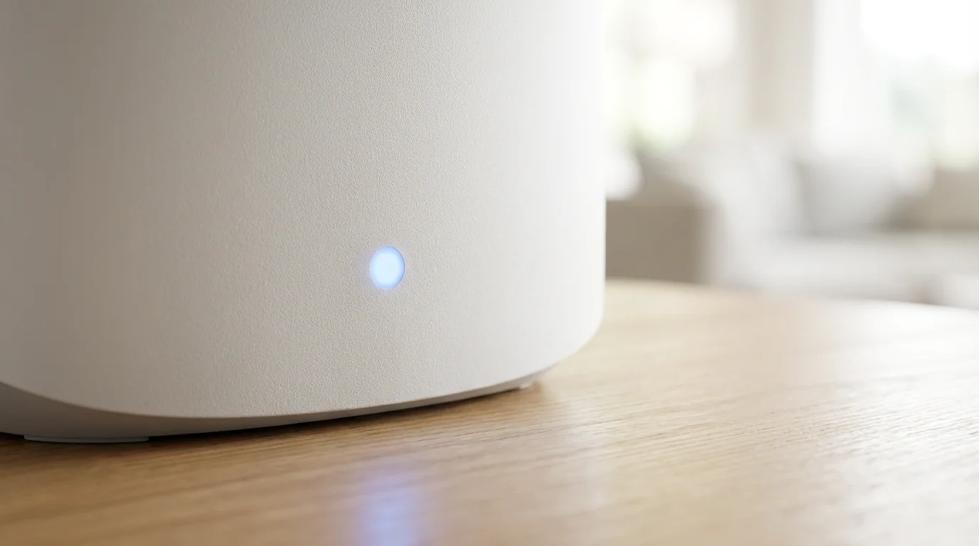 Extreme close-up macro photo of a glowing blue light on a modern white router.