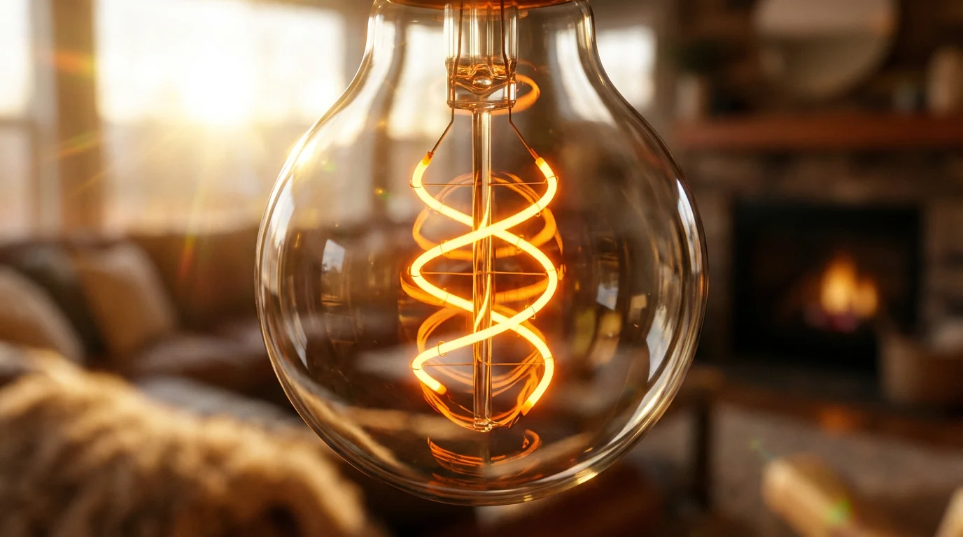 Extreme close-up macro photo of a glowing filament inside a vintage smart Edison bulb.