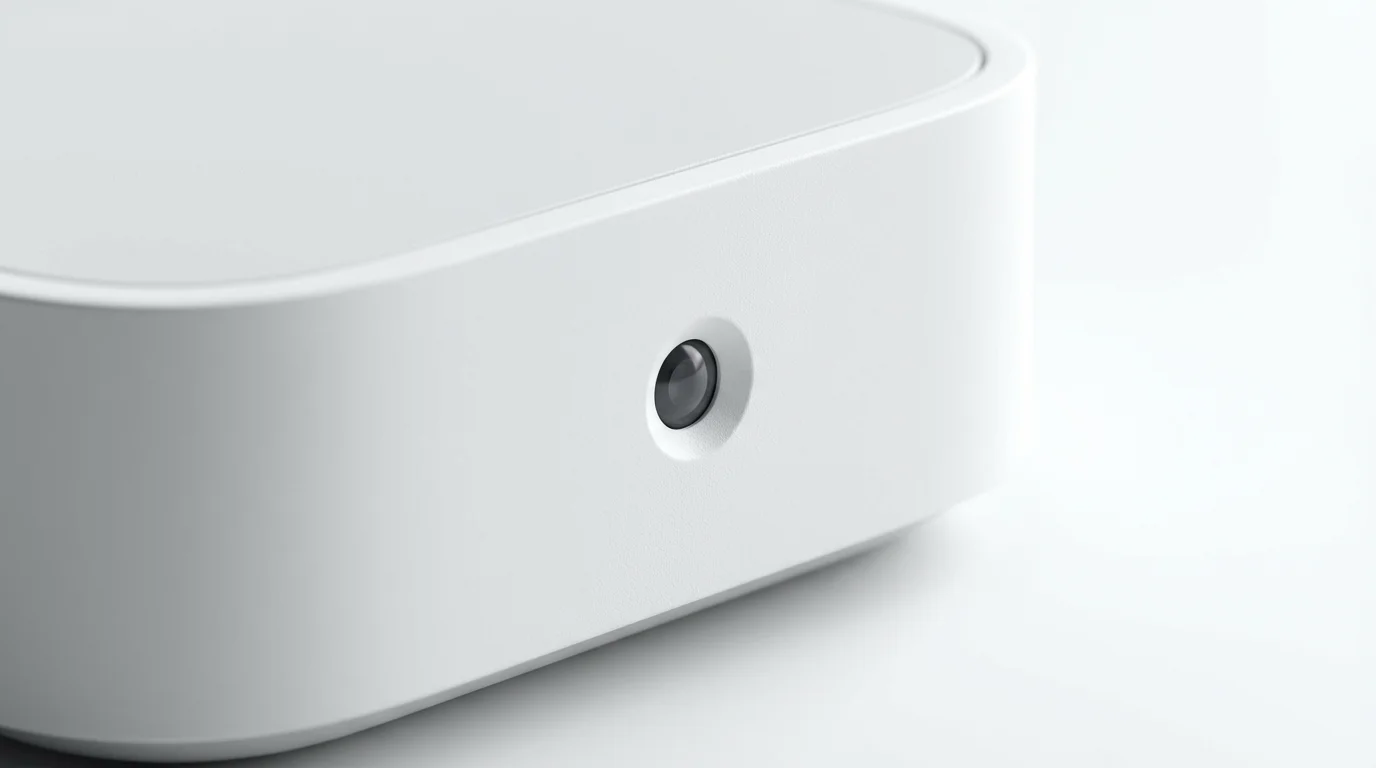 Extreme close-up macro photo of a presence sensor on a white smart thermostat.