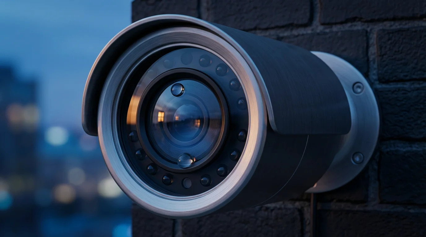 Extreme close-up of a modern outdoor security camera lens with a dewdrop at dusk.