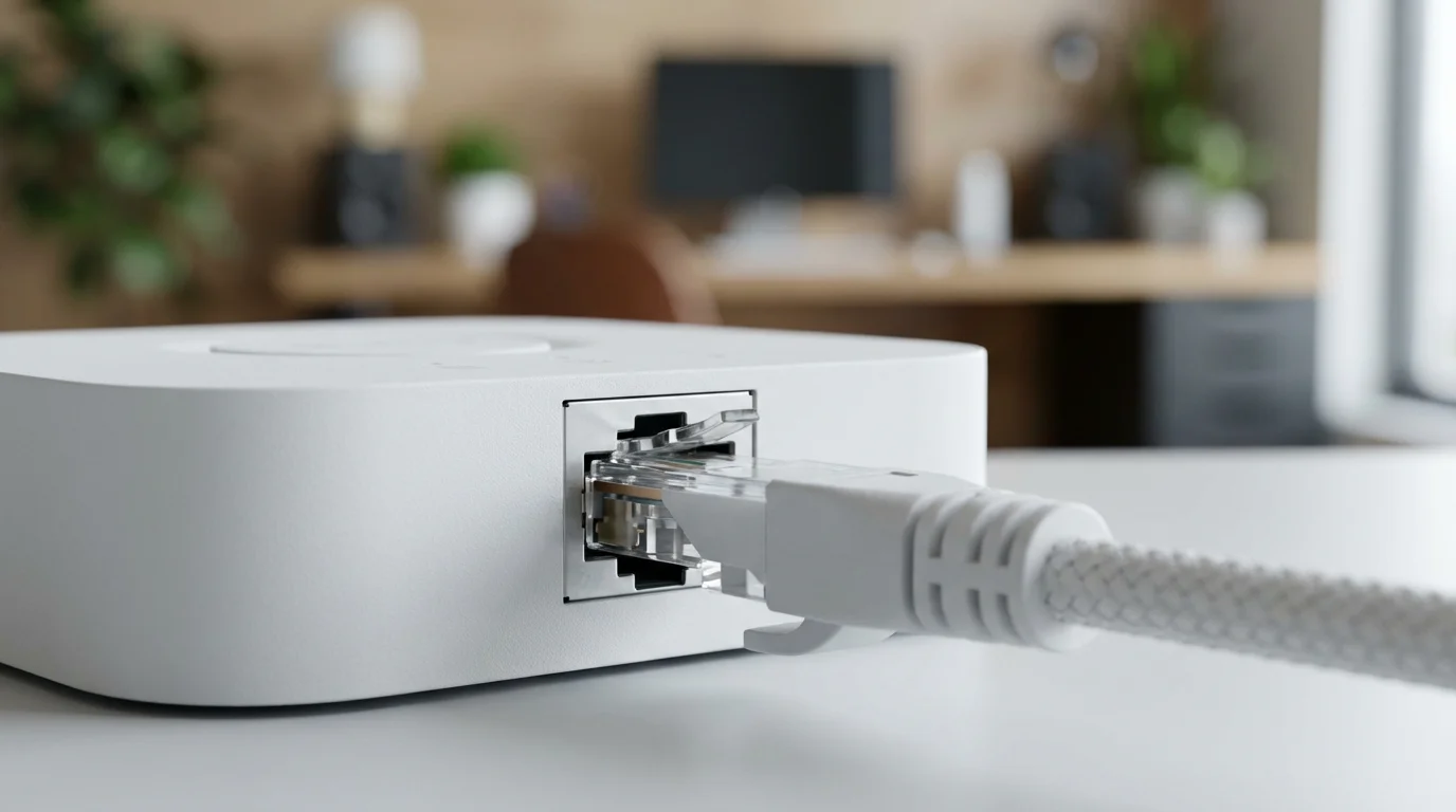 Extreme close-up of an ethernet cable plugged into a white smart home hub device.