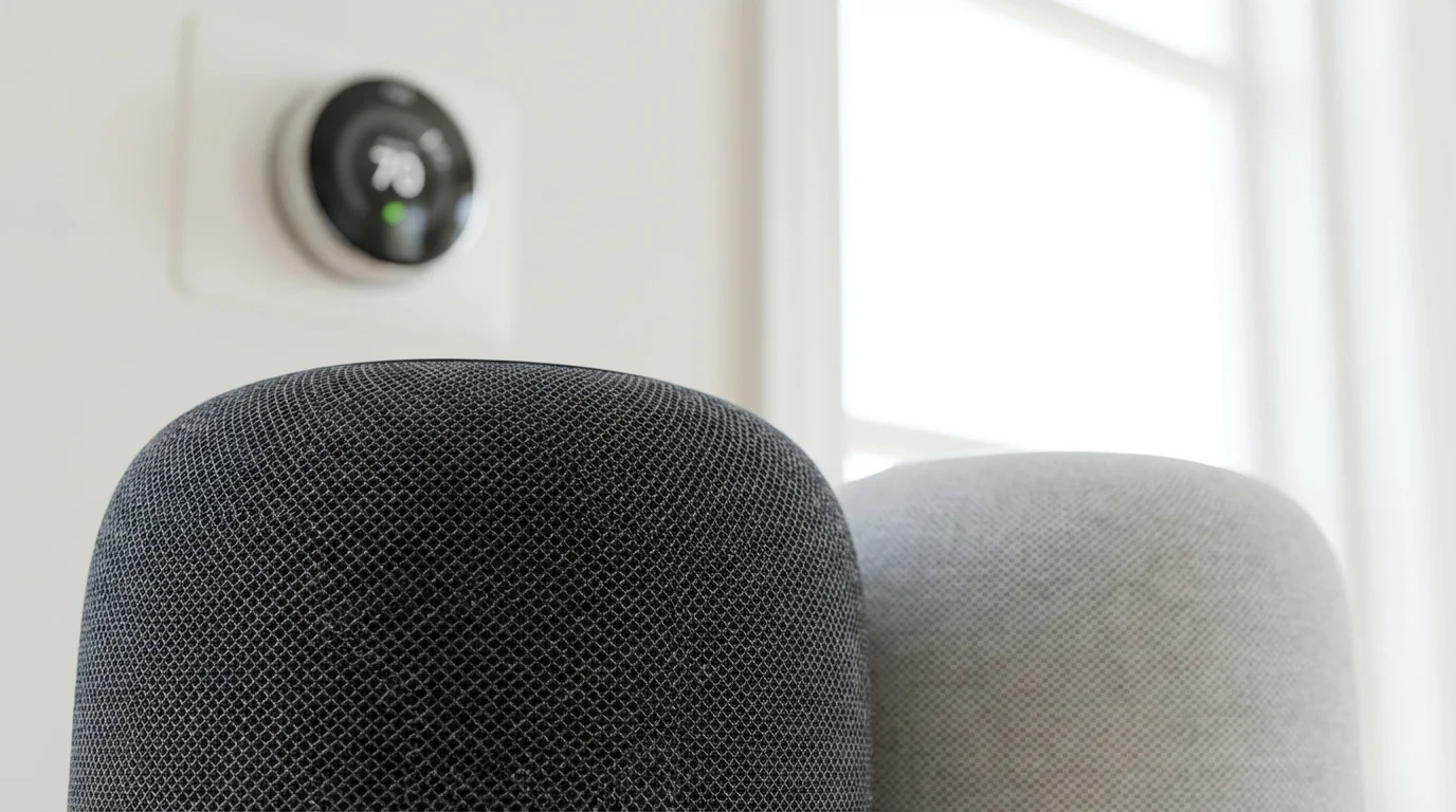Extreme close-up of two different smart speakers with a smart thermostat blurred behind them.