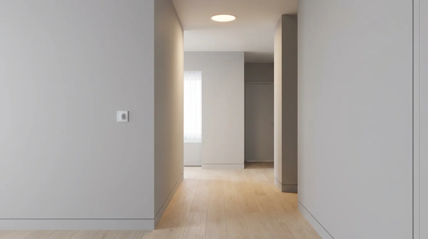 Eye-level view of a smart home hallway with a motion sensor and illuminated light.