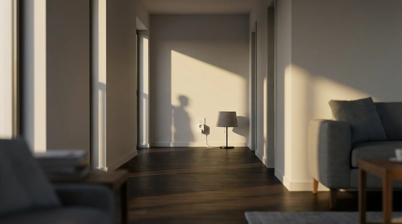 Eye-level view of a smart plug in a distant hallway with long afternoon shadows.
