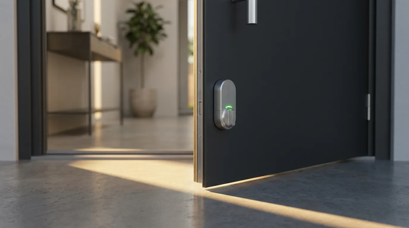 Eye-level view of an unlocked smart lock on a slightly ajar front door.