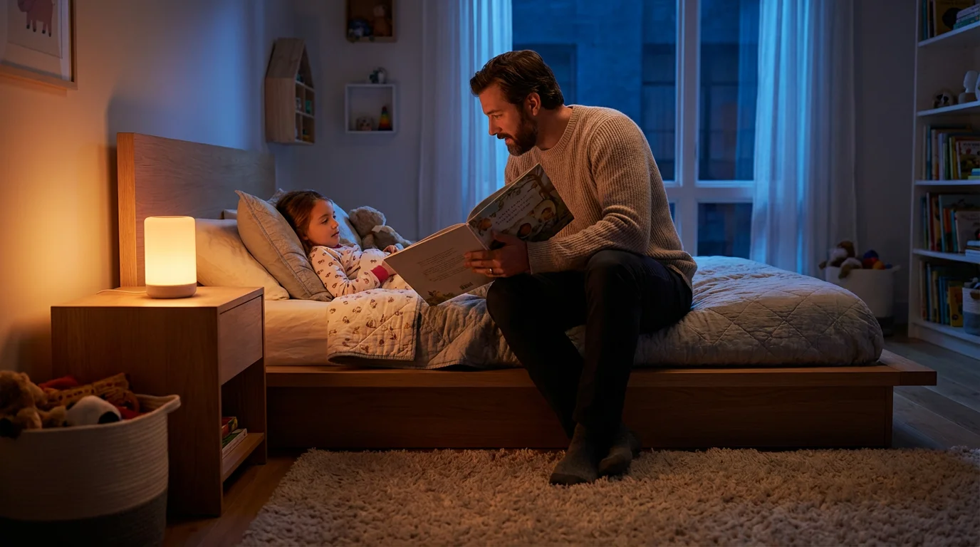 Father reading a bedtime story to his daughter in a softly lit modern bedroom.