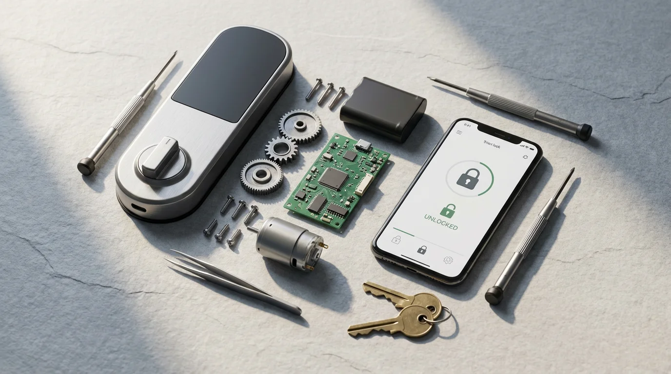 Flat lay of a disassembled smart lock, smartphone, and tools on a slate surface.