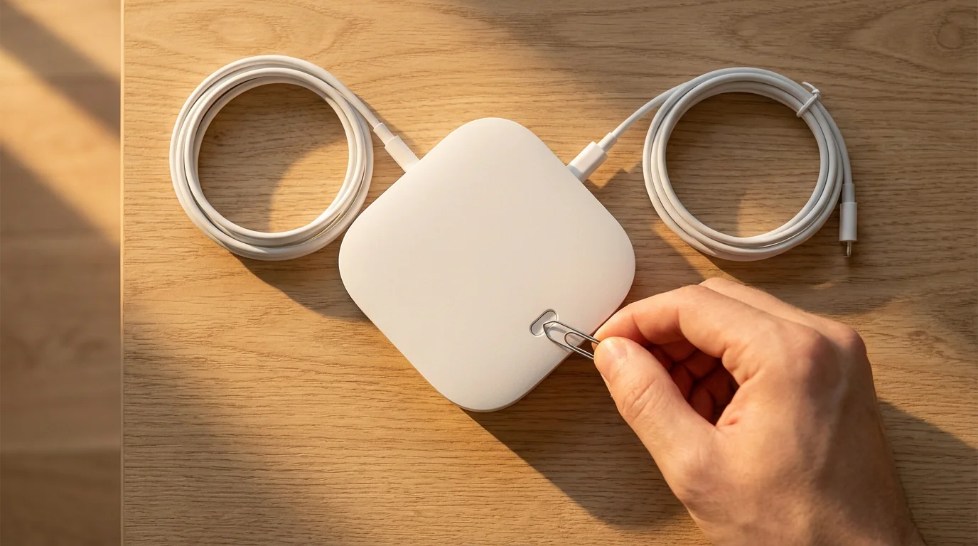 Flat lay of a hand using a paperclip to reset a white smart hub.