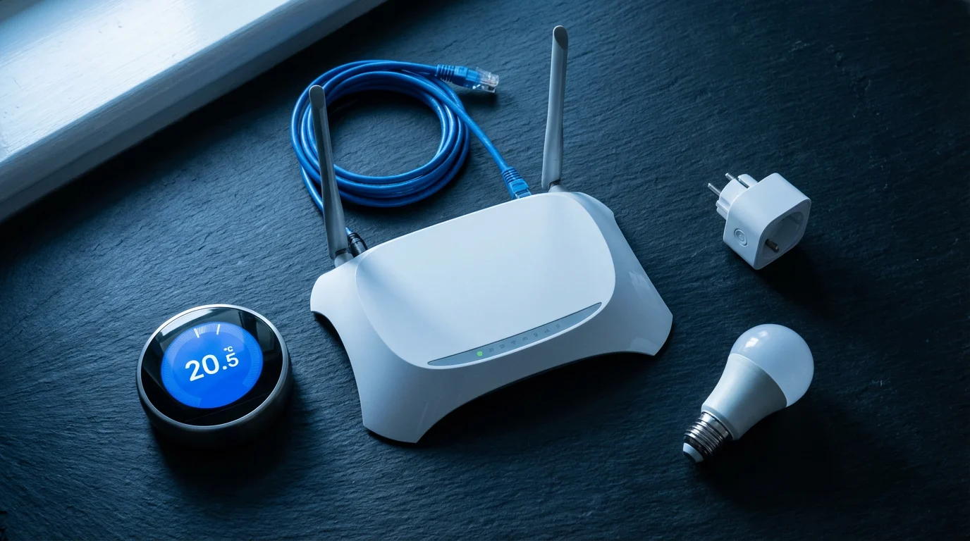 Flat lay of a home WiFi router and various smart home devices at dusk.