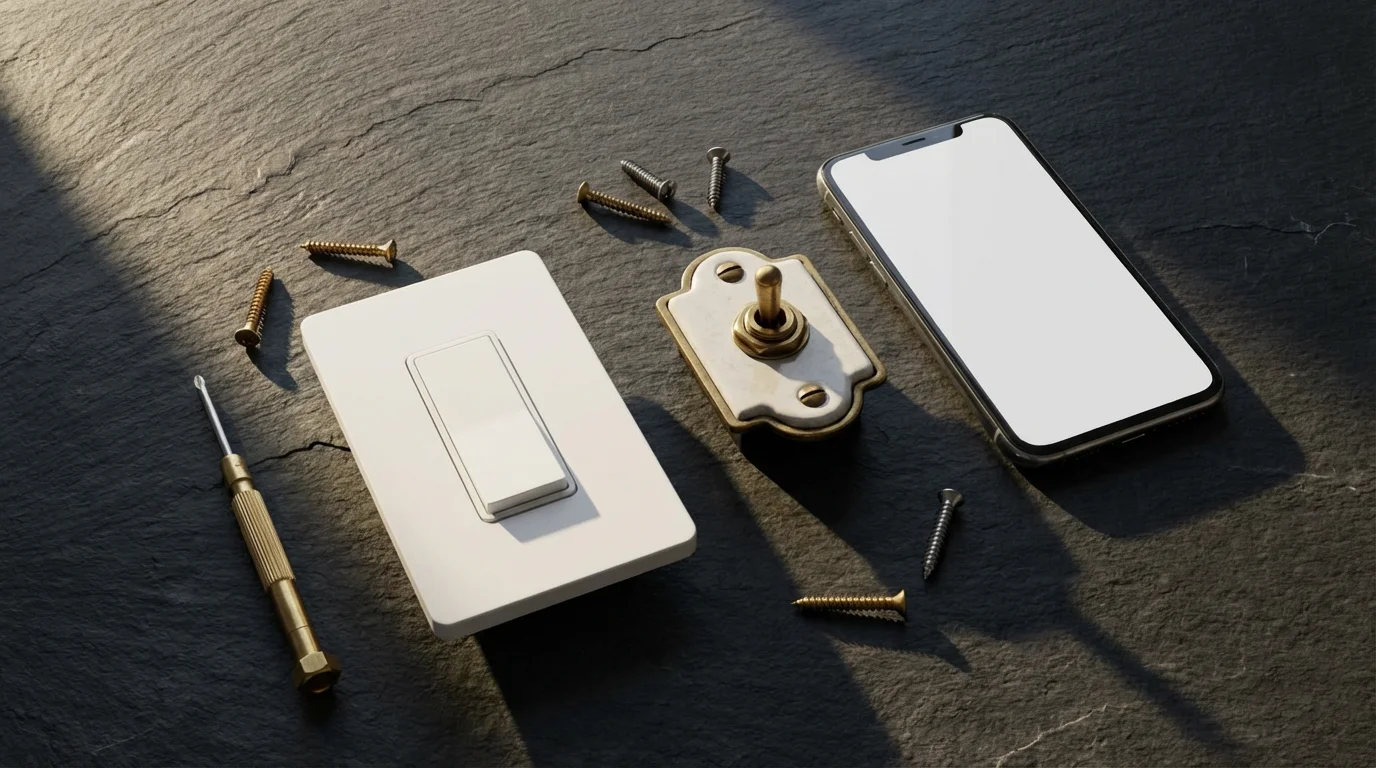 Flat lay of a modern smart light switch next to a traditional switch and smartphone.