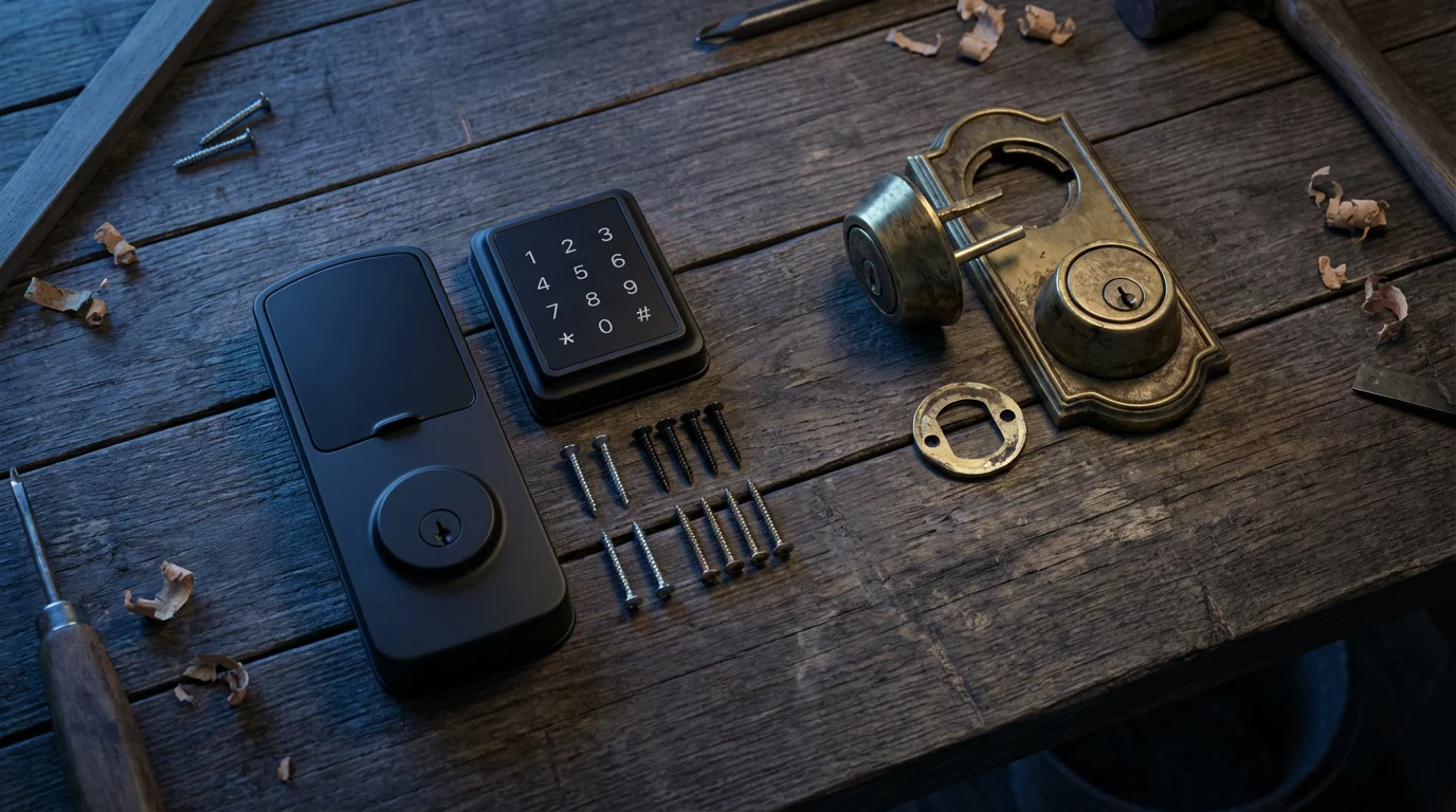 Flat lay of a modern smart lock kit next to an old brass deadbolt.